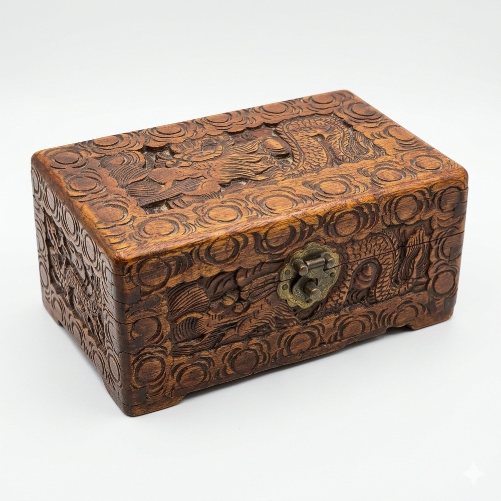 Vintage Hand Carved Camphor Wood Jewelry Box Chinese Dragon Relief Large 9"